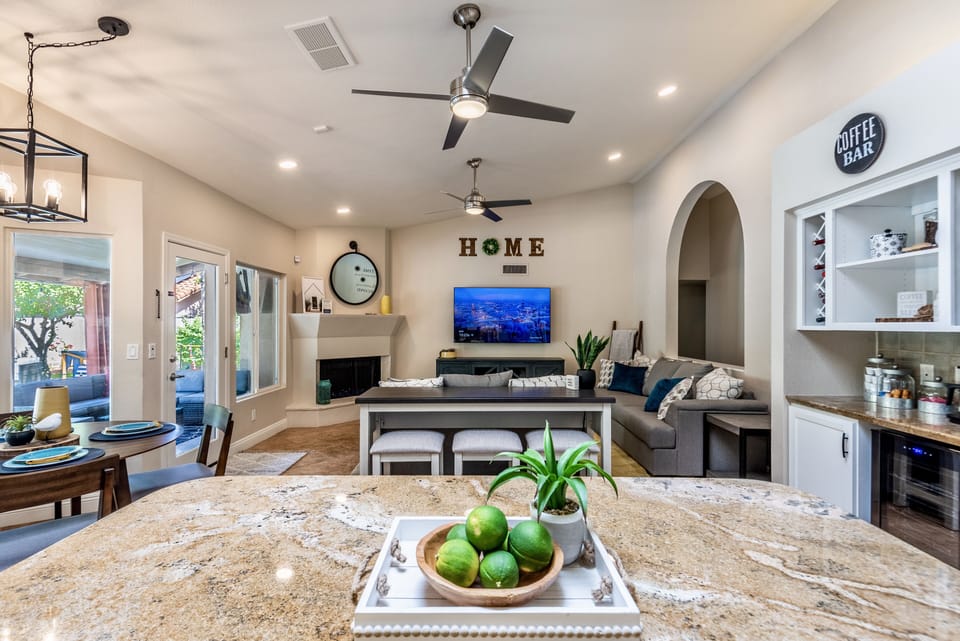 Light filled open concept kitchen to family room.