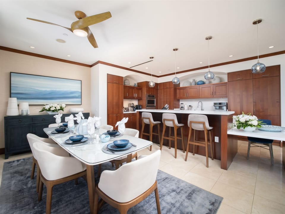 Enjoy ocean views createing the perfect atmosphere for indoor dining for six.