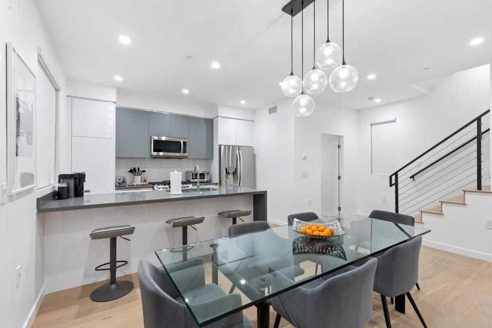 Formal dining space seating 6 plus 3 counter bar stools