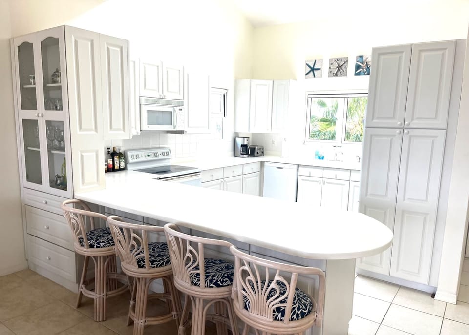 Nicely appointed kitchen with microwave, stove, dishwasher, & large refrigerator
