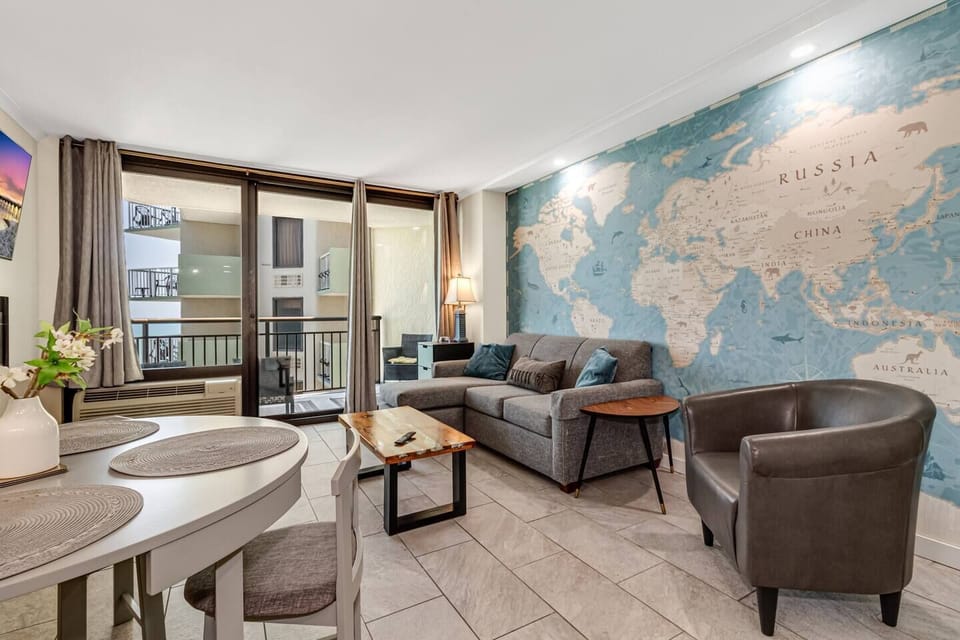 This suite has ceramic tile floors, new paint, upgraded furniture, and a cozy fireplace.
