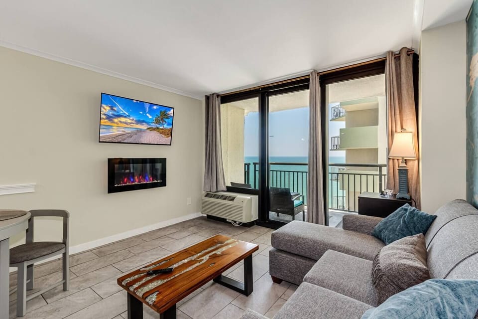 This suite has ceramic tile floors, new paint, upgraded furniture, and a cozy fireplace.