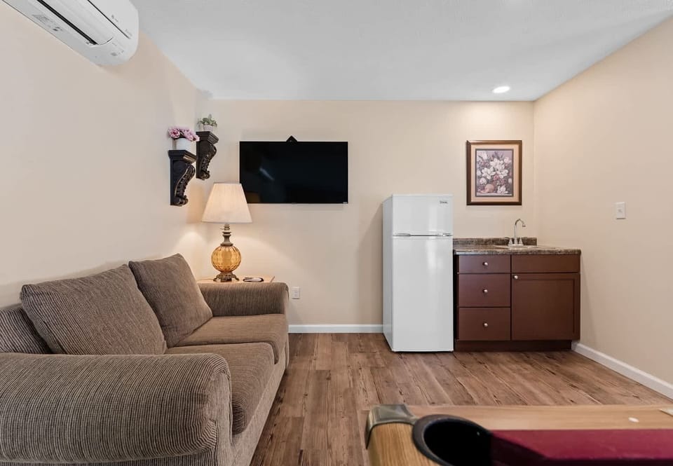 Lounge seating and small fridge with sink in the Maple Woods Hideaway separate rec room.