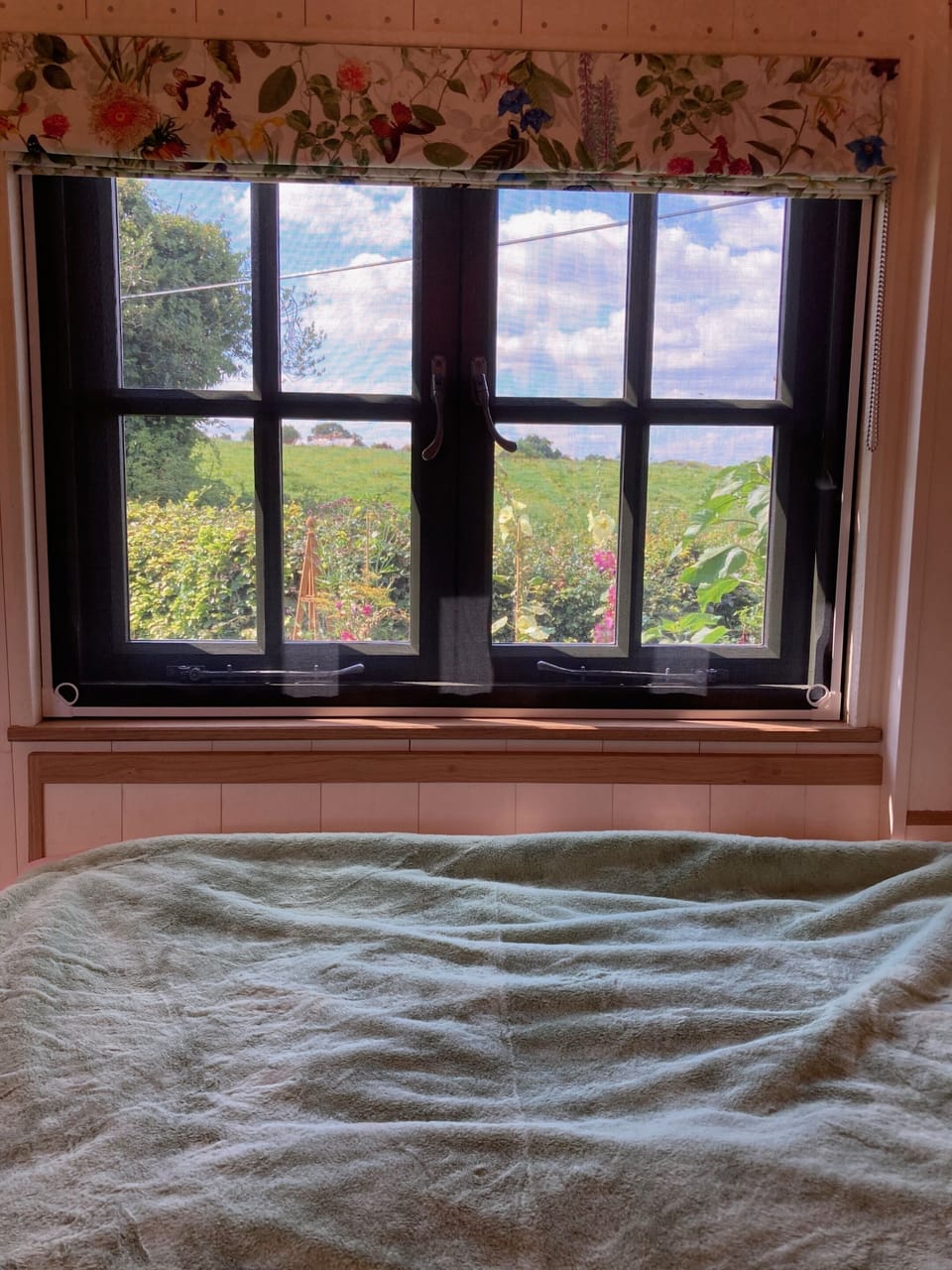 Countryside view from the Shepherds Hut bed