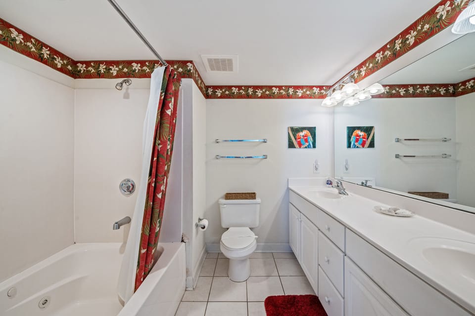 Get ready for a night on the town in this spacious bathroom with double sinks.