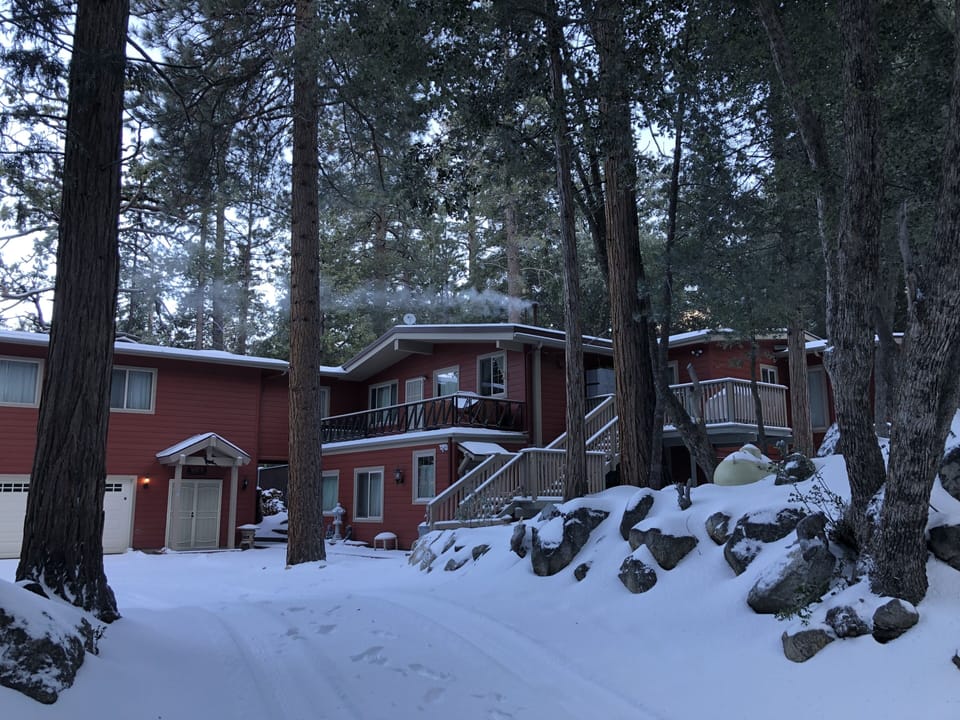 Morning mountain home tucked in the woods and covered by the snow.
