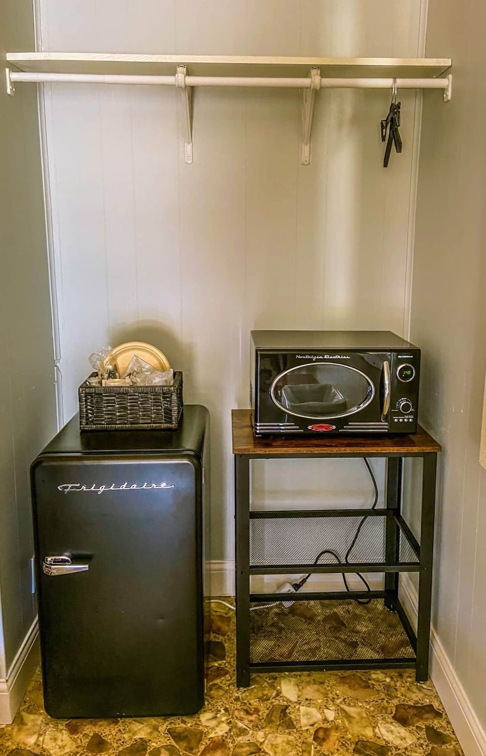 Retro microwave and mini refrigerator 