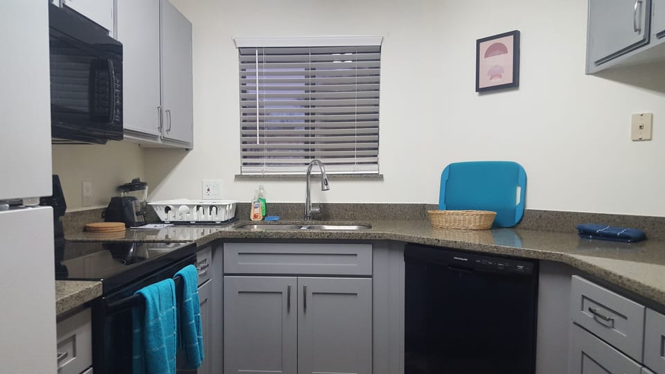 New kitchen with microwave, Keurig, toaster, bleder, dishwasher, w/d closet