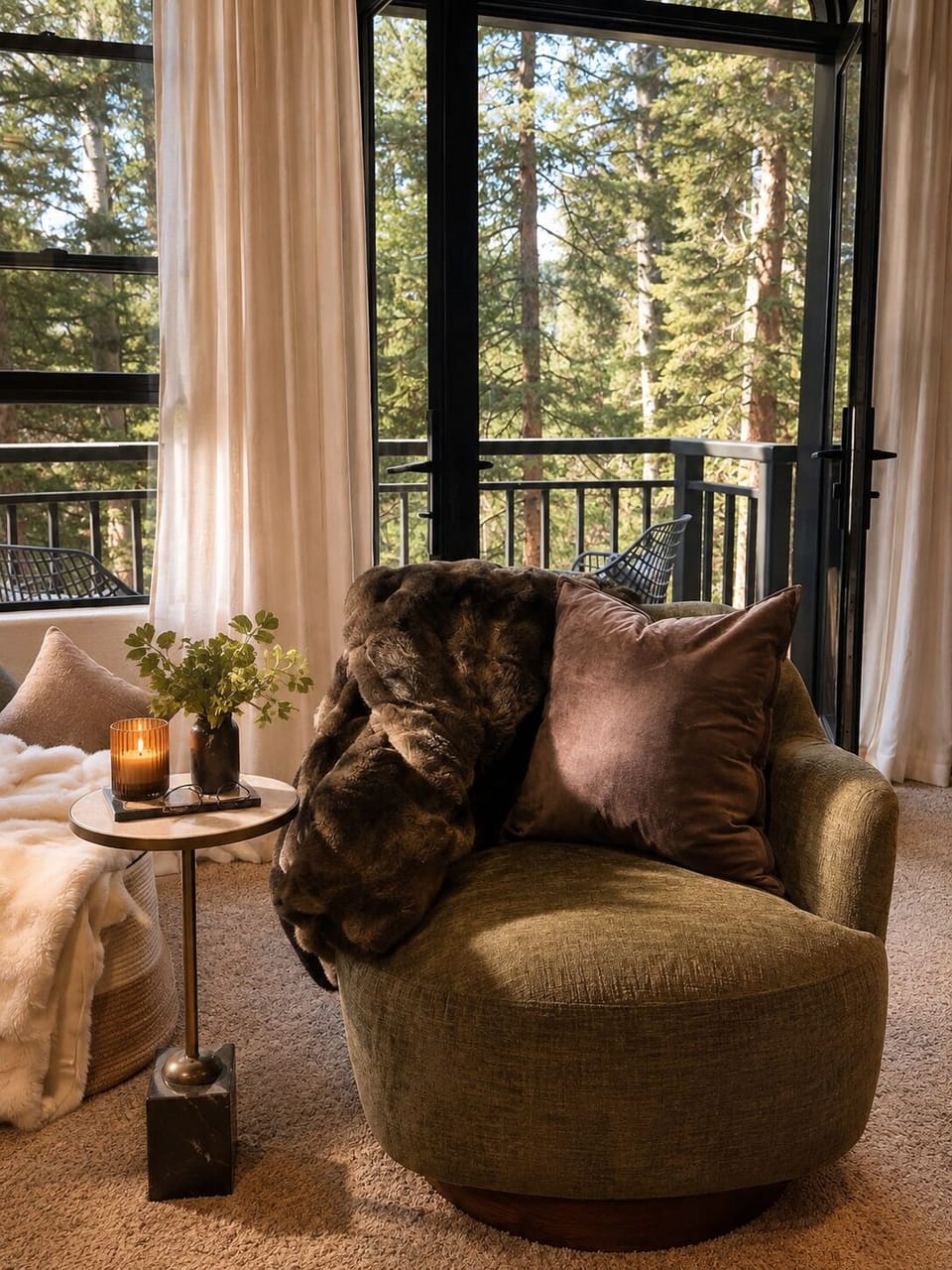 Sink into plush seating with a view of towering forest through your private balcony doors. Soft textures and warm candlelight create the perfect retreat after exploring the outdoors.