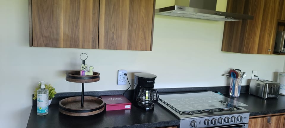 Coffee Pot, Tea station, Toaster and stove.