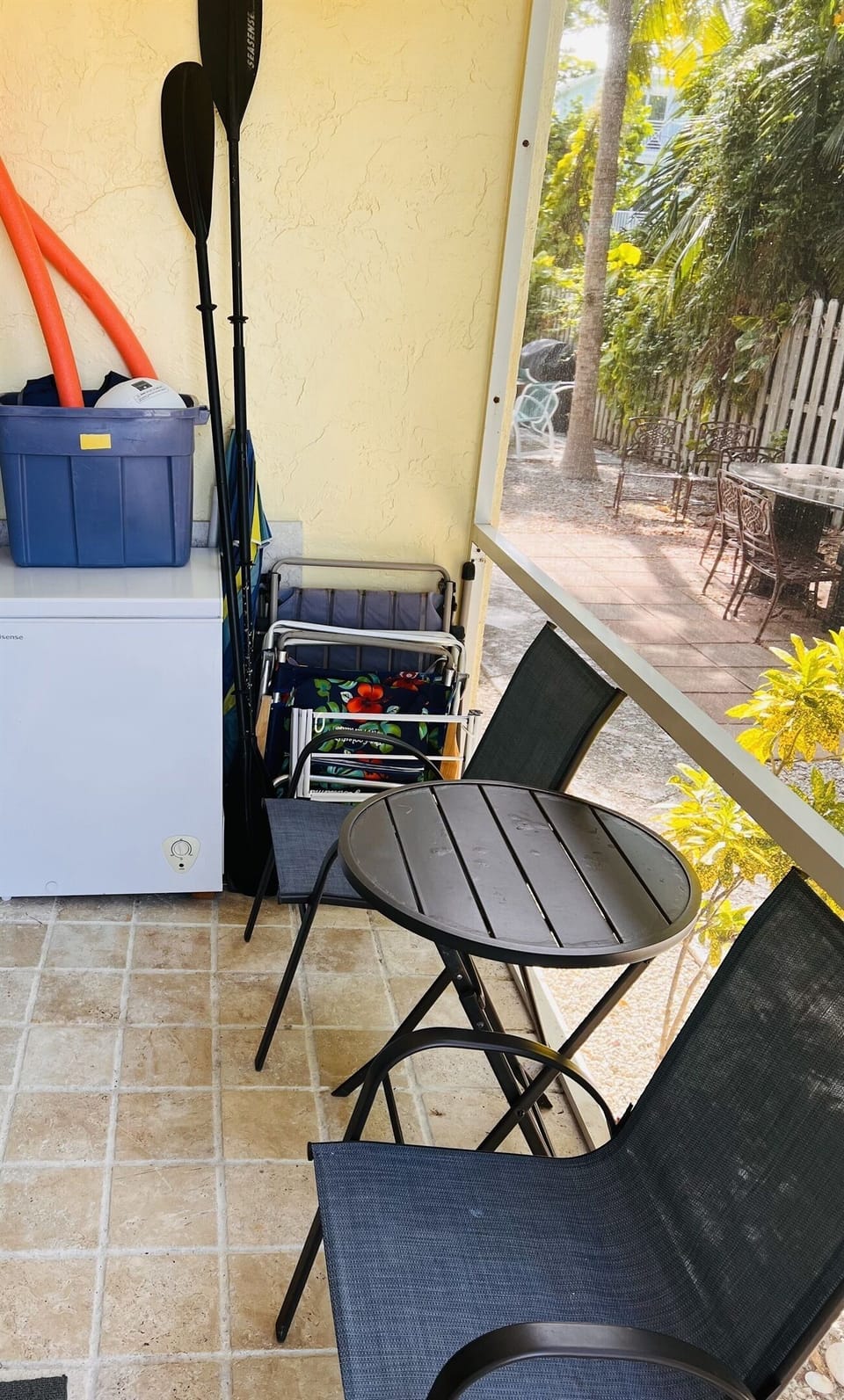 Plenty of chairs, umbrella, life vests, pool toys, deep freezer for your use.