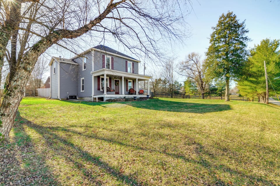 Property Exterior | Furnished Deck | Countryside Views | 2-Story Home