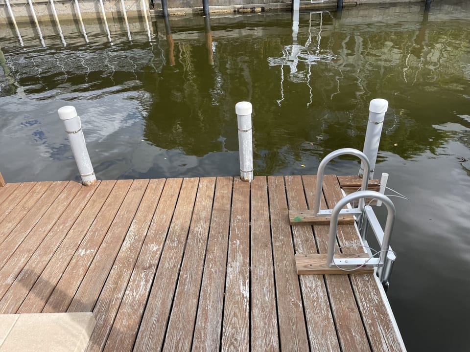 The dock has a ladder and fishing rod holders