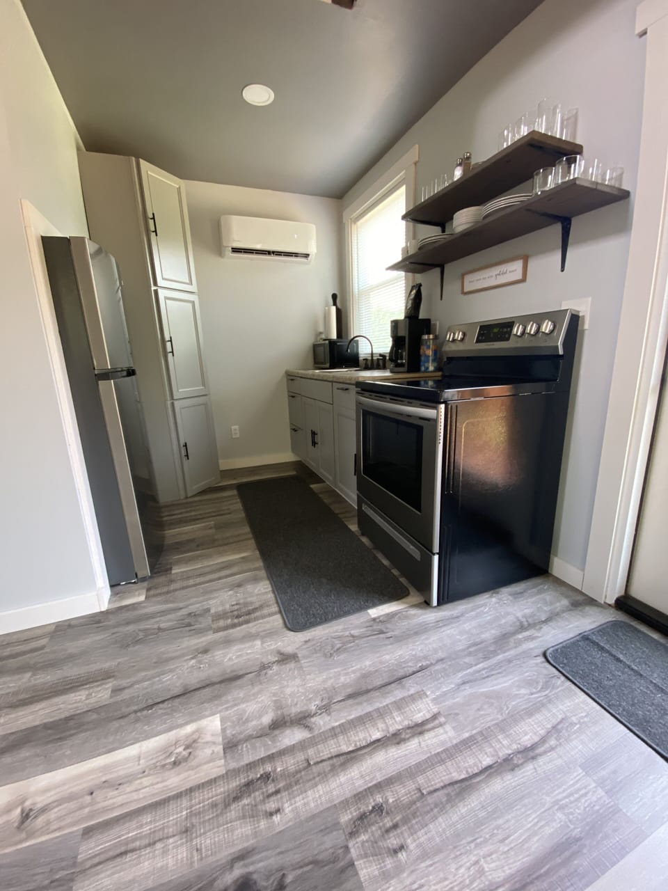 open shelves made from reclaimed barn wood
