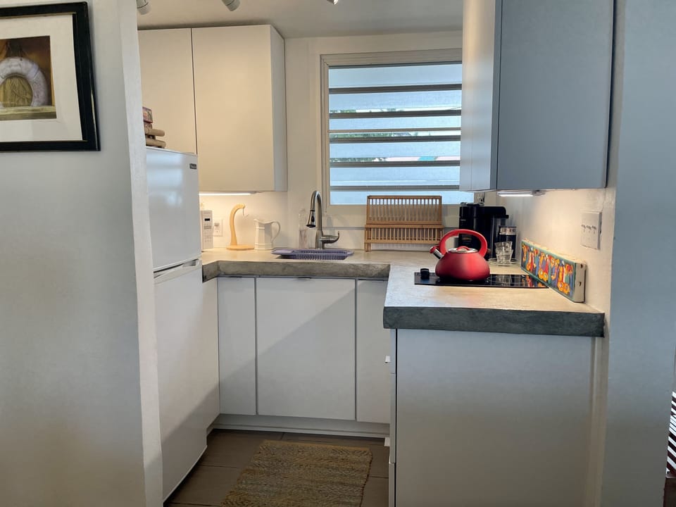 the kitchen is stocked with coffee (maker), tea, utensils, condiments.