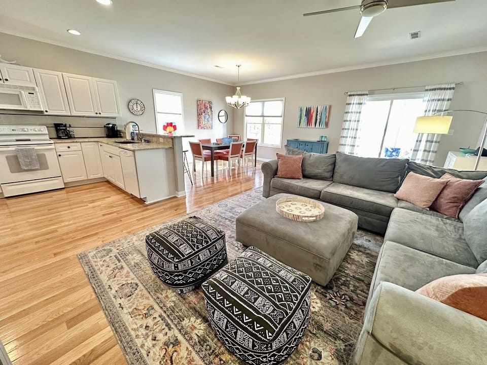 Living room, kitchen and dining room