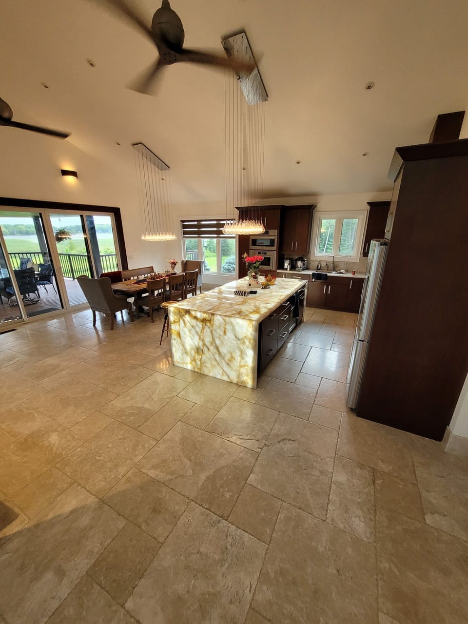 LIving, dining and kitchen, open concept with 25 foot high ceilings