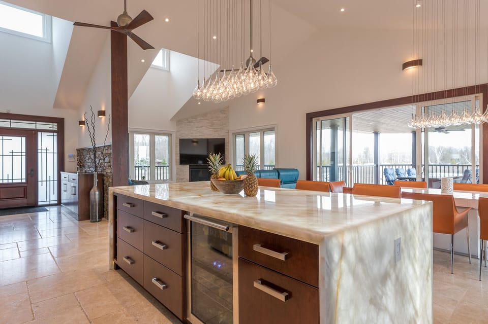 bar fridge overlooking living room