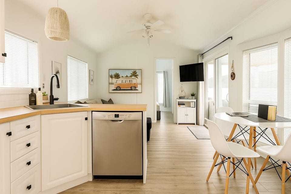 Open concept kitchen, dining and living area. Bonus - dishwasher!