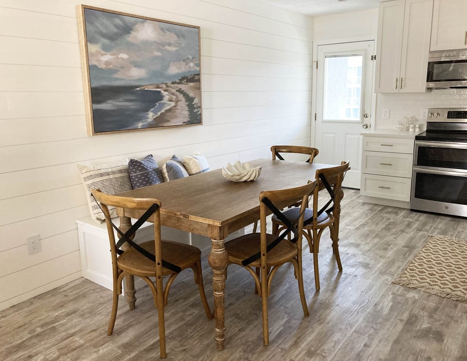 Spacious dining table and bench with seating for 7