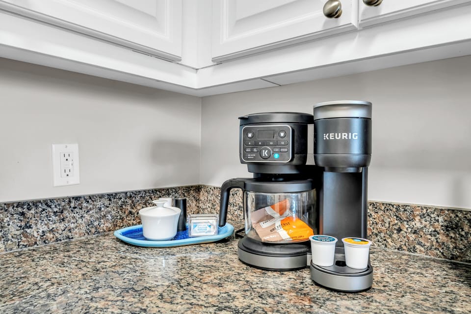Start your mornings right with a premium Keurig coffee station, complete with pods and everything you need for the perfect cup.
