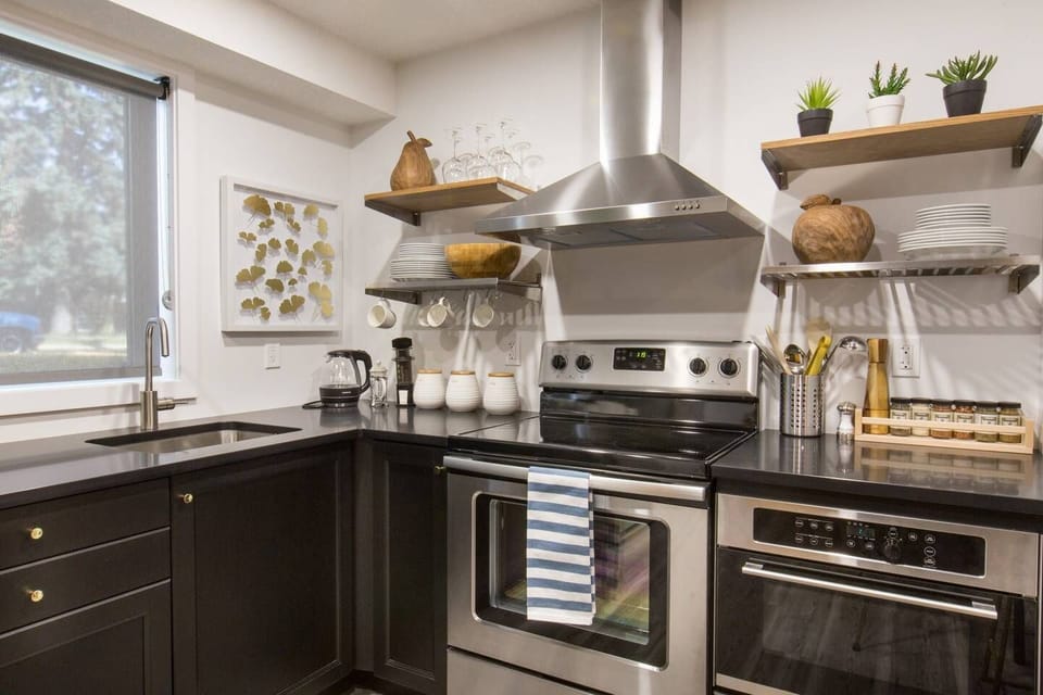 The kitchen comes fully stocked with pots, pans, plates, cups, glasses, cutlery, utensils and more. 