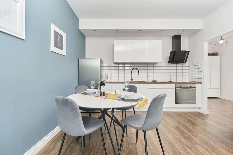 Fully equipped kitchenette with an induction hob, dishwasher, fridge with freezer, oven, blender, coffee pot, electric kettle and dining area.