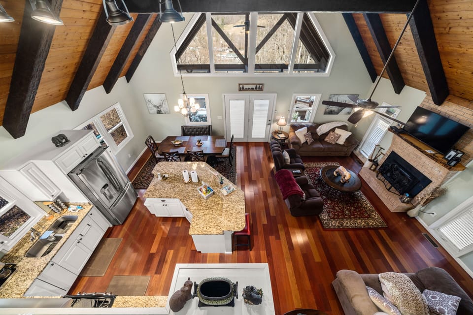 View of the cabin's main level from the loft.