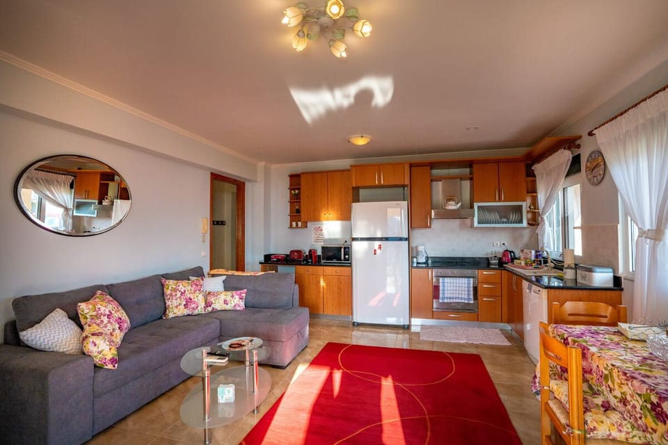 open space living room with kitchenette and dining table with chairs