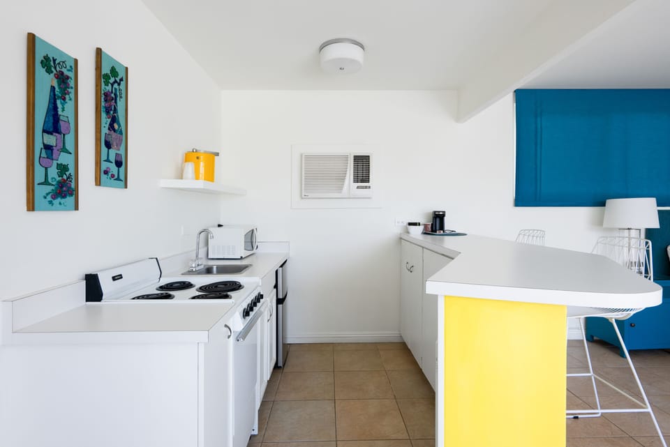 Colorful kitchenette.