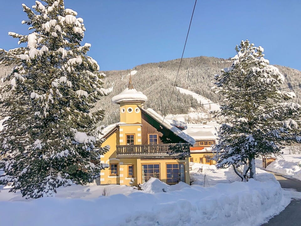 Sky, Snow, Building, Daytime, Window, Mountain, Tree, Slope, Larch, House