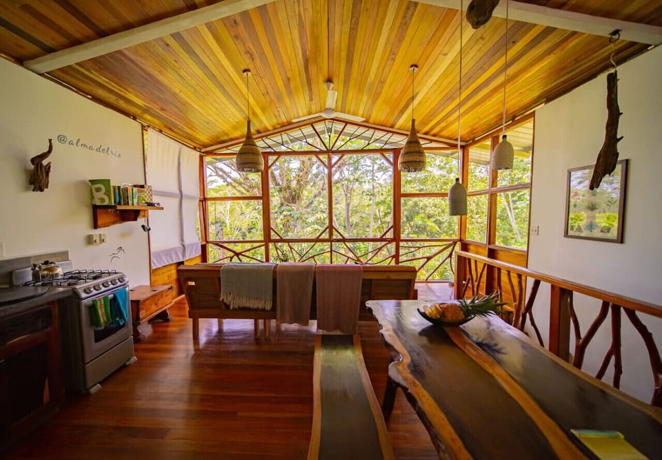 Open plan living area with river views and jungle surroundings