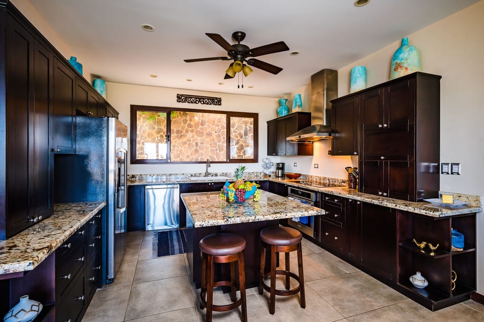 Fully stocked kitchen.