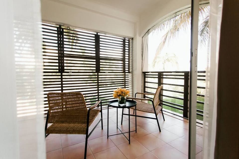 View from living room of adjoining terrace with mosquito netting
