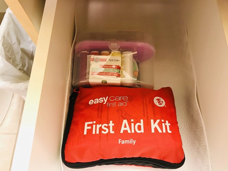 First Aid & Sewing Kit in the bathroom
