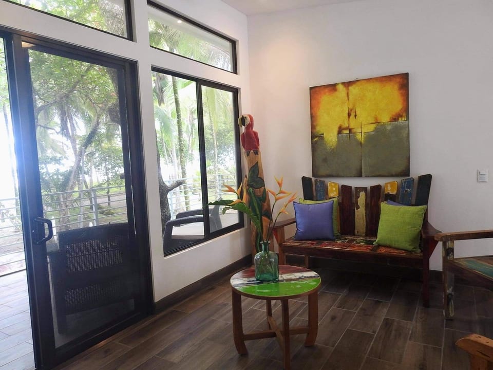 A fun and colorful sitting area to converse or enjoy the view