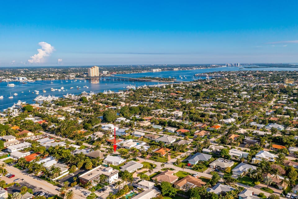 Aerial shot showing Blue Heron Bridge. Gorgeous views and blue skies.
