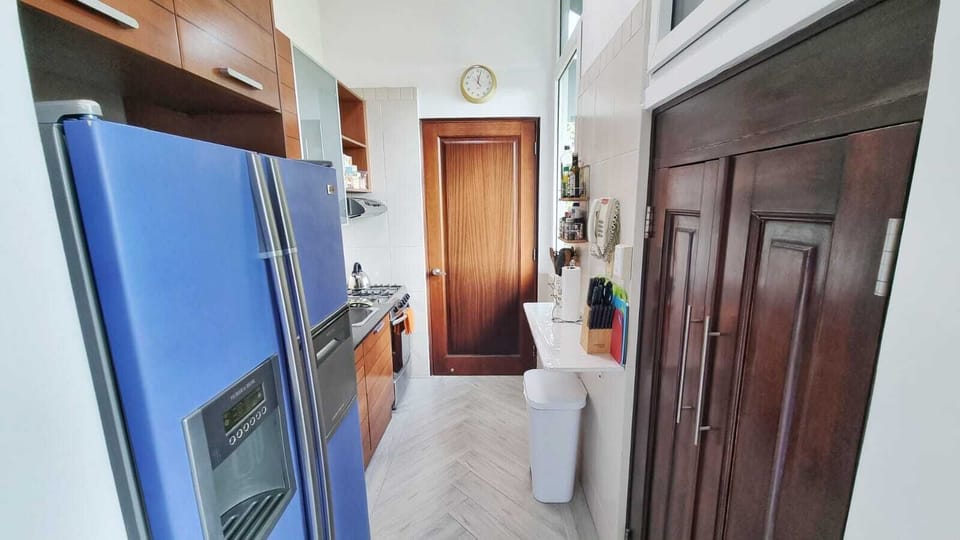 Functional galley kitchen with electrodomestics tucked away in the closet