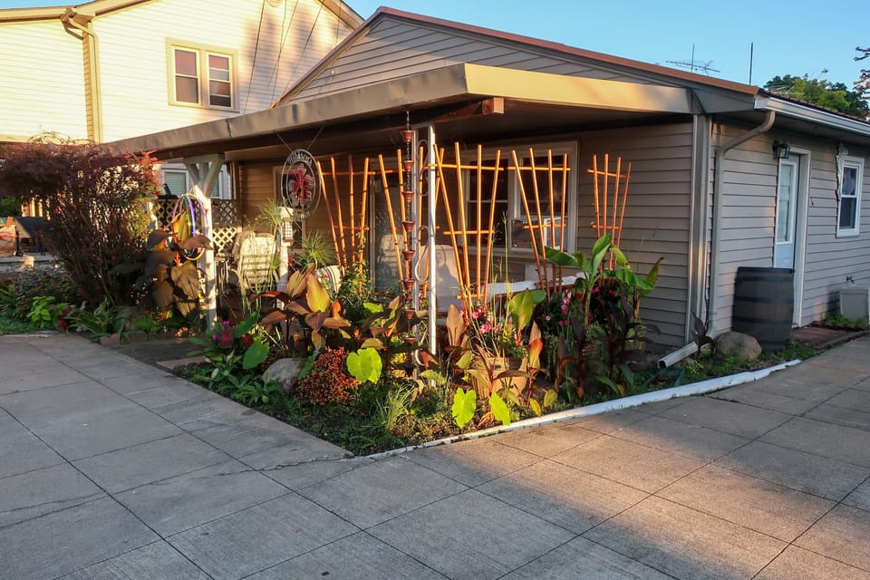 Tropical planters and landscape around 250 sq ft covered patio. Parking. Sep ‘21