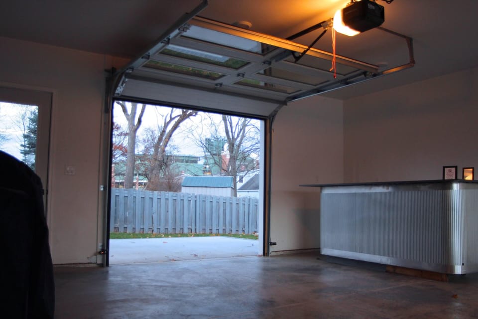 Back garage door and view of Lambeau Field