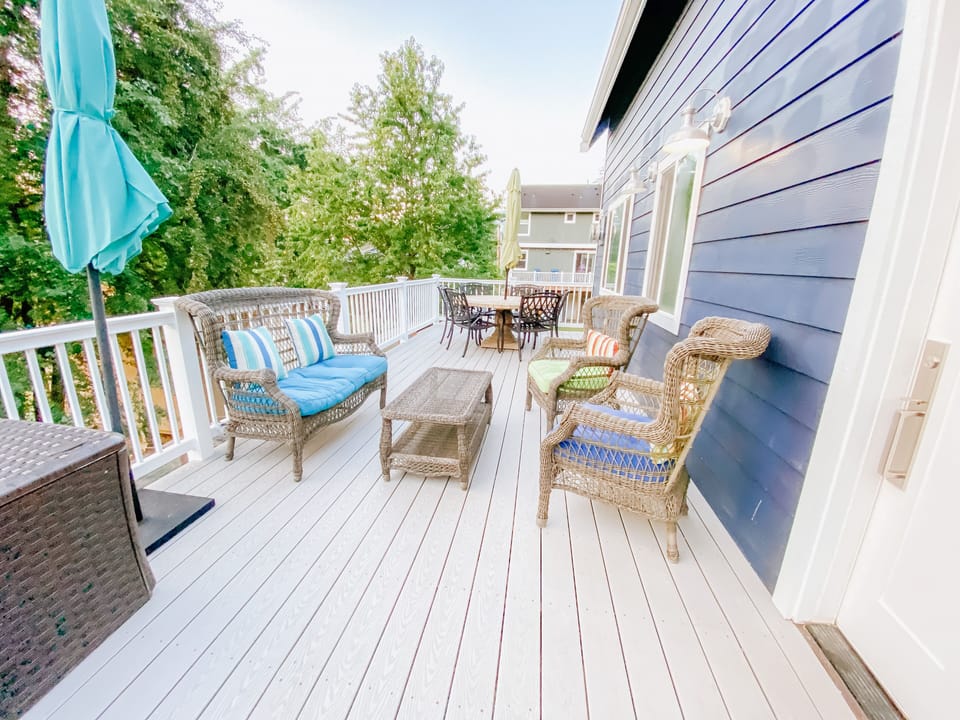 Deck with comfortable seating and outdoor dining for six