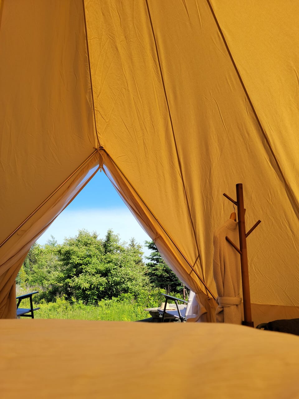 View from bed. There is a picnic table just outside. 