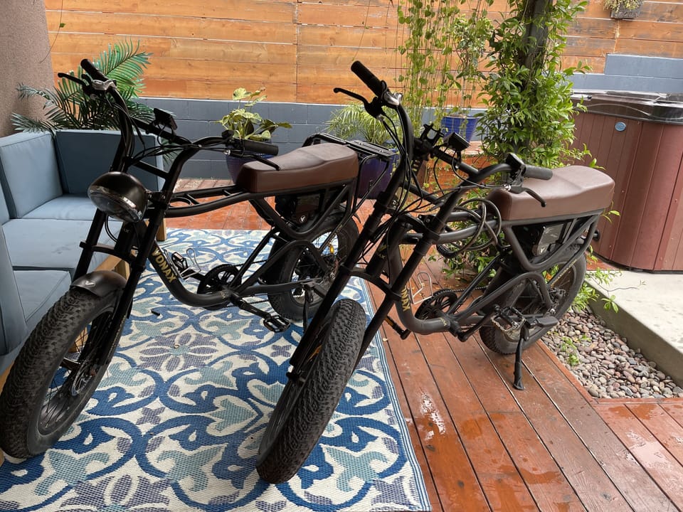 2 seater electric bikes that get a you from surf to jacuzzi in 7 minutes. 