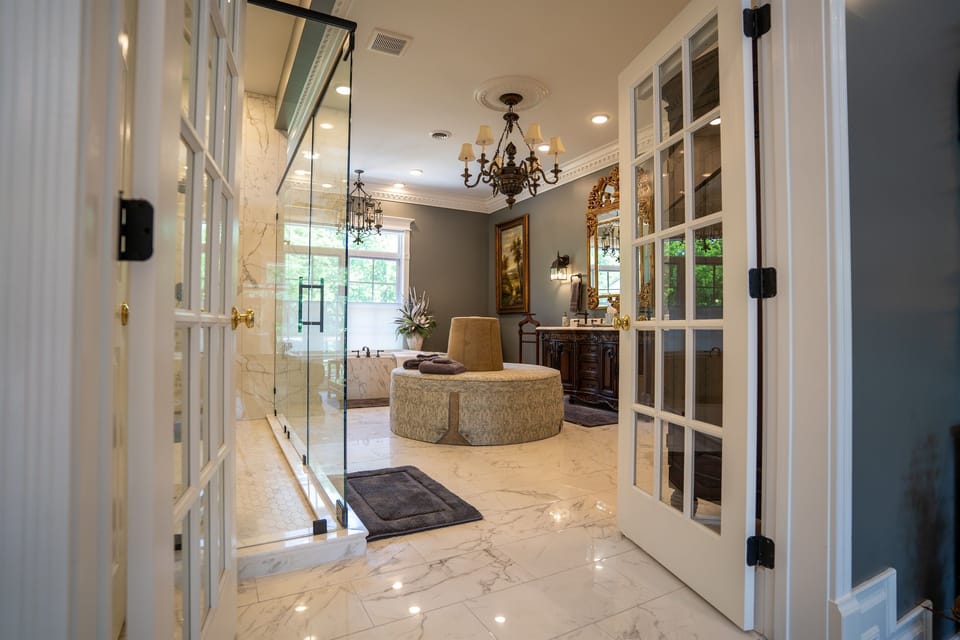 Doors from bath leading to master