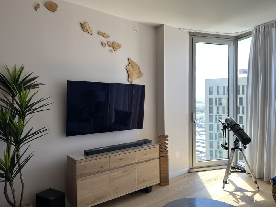 Smart TV, viewing telescope, automated curtains