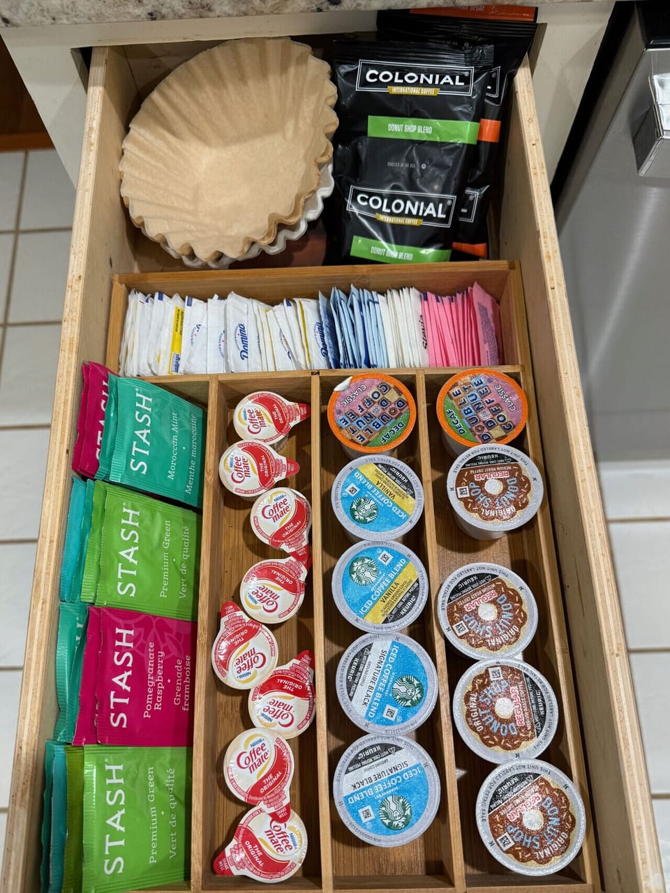 Stocked coffee, teas, sweeteners, and pods ensure every stay starts comfortably at Lady Luxe with A Stay Above The Rest.