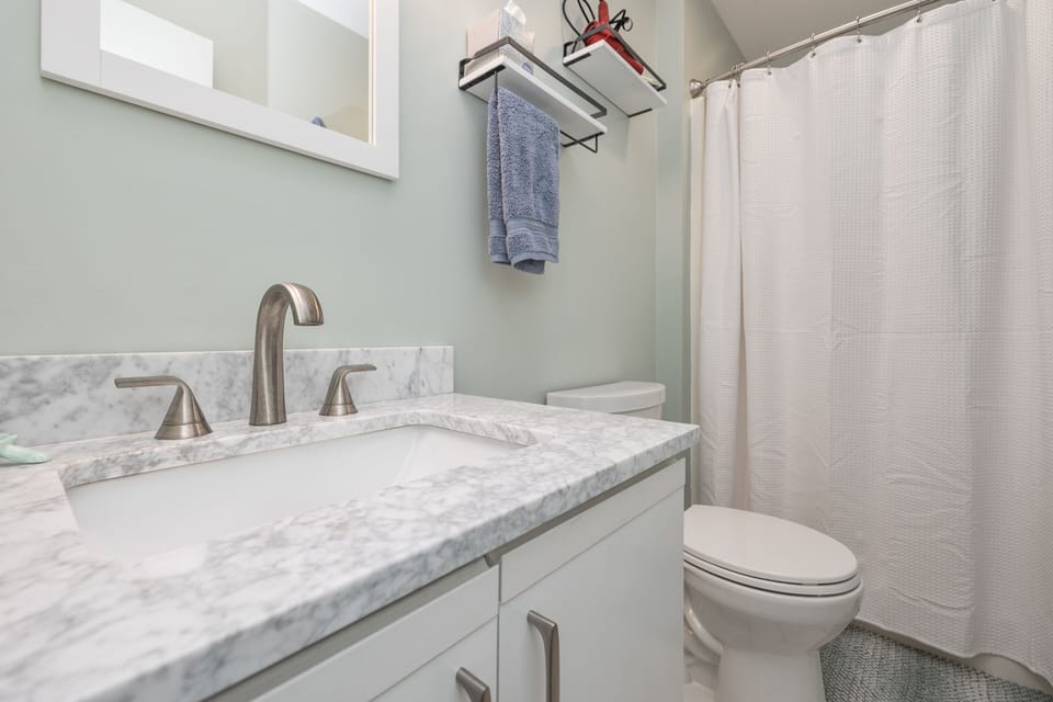 Primary ensuite bath with walk in shower. Hair dryer, shampoo, and soap provided