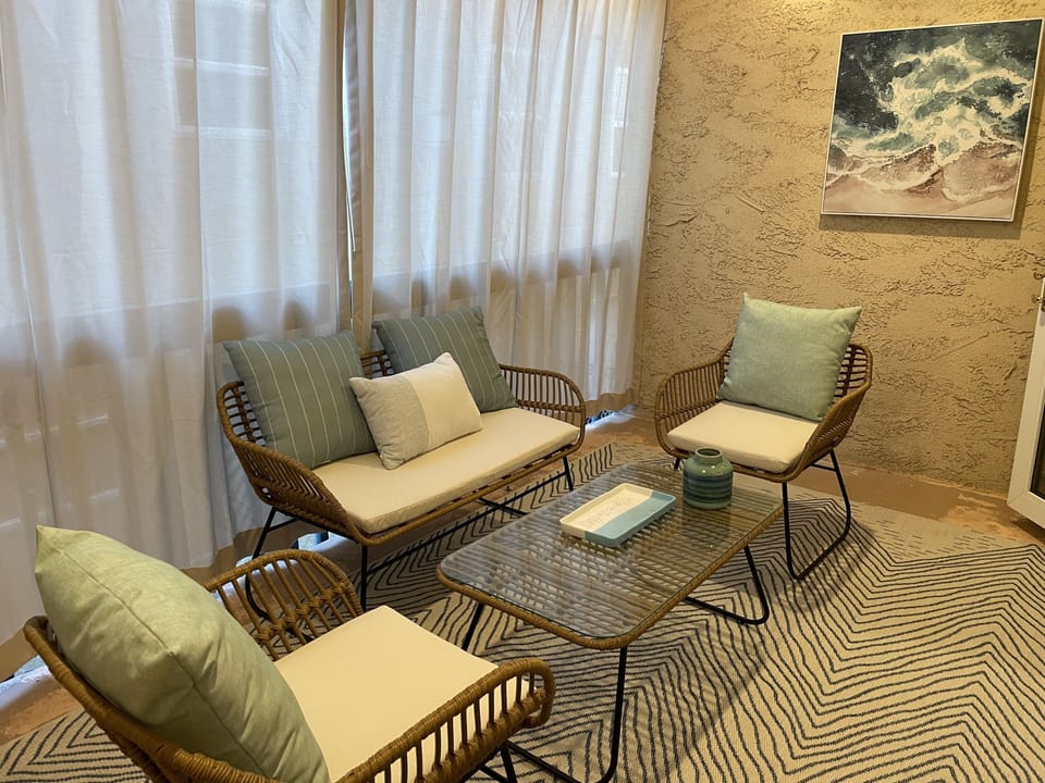 Patio with privacy curtains pulled