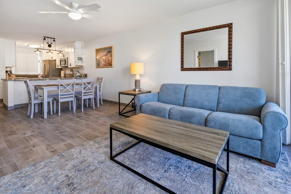 Kick back and unwind on the large couch.