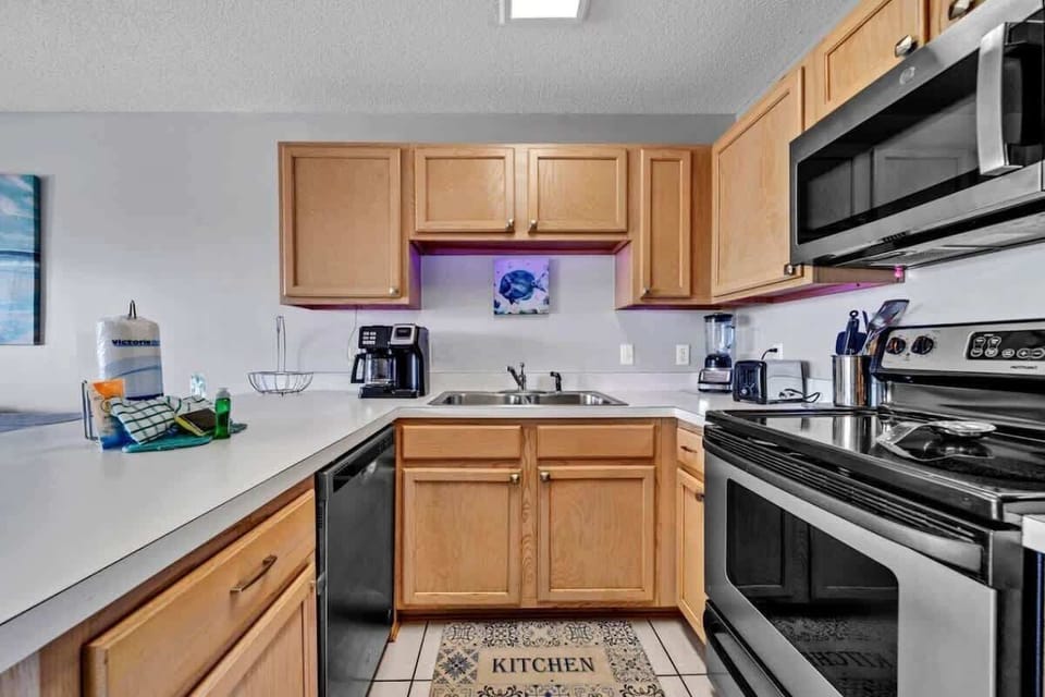 We offer a full kitchen stocked with a fridge, dishwasher, range, microwave, dishes, cutlery, pots & pans, crock pot, blender, toaster, griddle, and more!